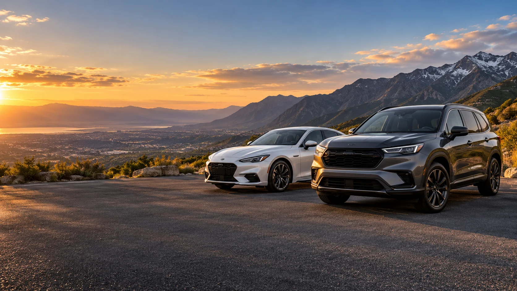 Graphite SUV and white sedan near Utah’s Wasatch mountains